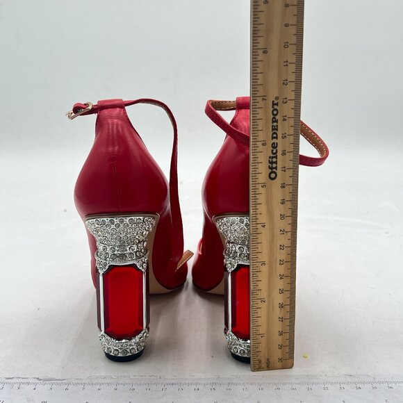 FSJ Red Crystal Block High Heels Pointed Toe Rhinestone Pumps Ankle Strap Shoes - Picture 4 of 7